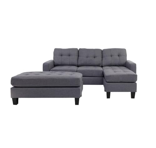 Classic Leather 3-Piece Reversible Sectional Sofa with Ottoman for Living Room, Bedroom