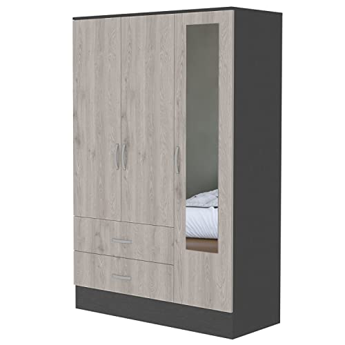 Beige Large Storage Cabinet Wardrobe Closet with 2-Door and Mirror for Bedroom