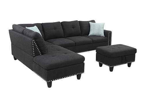 Modern Sectional Sofa with Chaise and Ottoman for Living Room, Apartment, Charcoal Grey