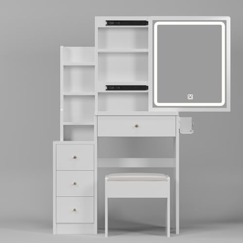 Modern Vanity Desk with Sliding Mirror and Lights