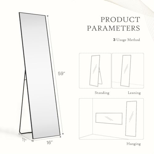 Black Full-Length Floor Mirror, 59"x16", Thin Aluminum Frame, Wall Hanging/Leaning Home Decor