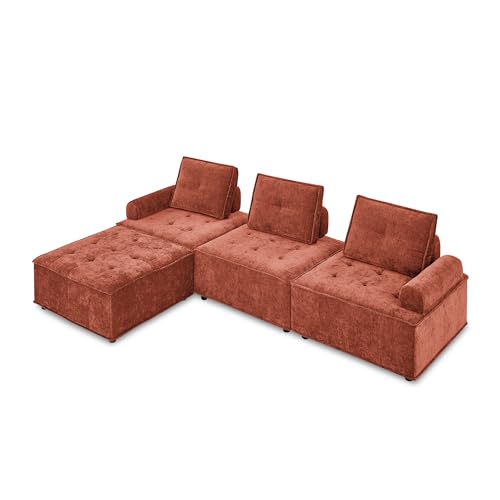 Chenille Modern L-Shaped Sectional Sofa for Living Room, Bedroom, Apartment, Red