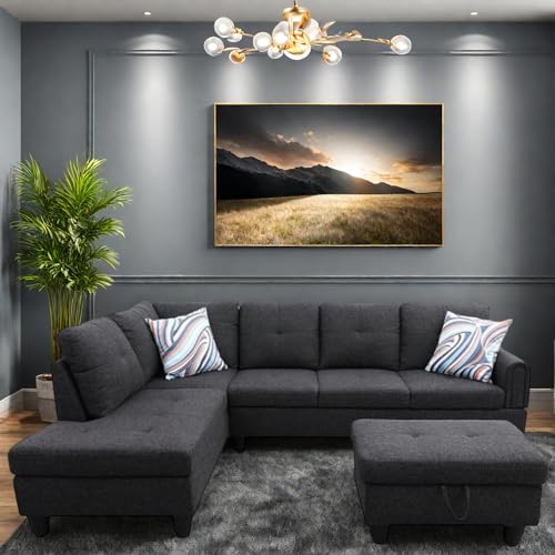 L-Shaped Couch with Chaise, 6 Seat Modern Sofa, Movable Storage Ottoman, Black/Grey