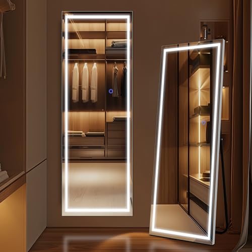 Silver LED Full-Length Mirror, 63" x 20", HD Tempered Glass Stand, Living Room Bedroom Cloakroom