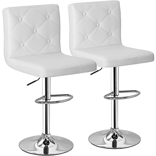 VECELO Modern PU Leather Bar Stools Set of 2 with Back, 360° Swivel, White