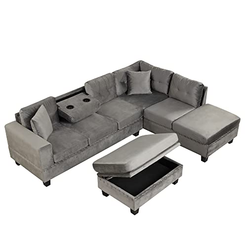 LUCIE BOUTIQUES L-Shape Sectional Sofa with Storage Ottoman and Cup Holder