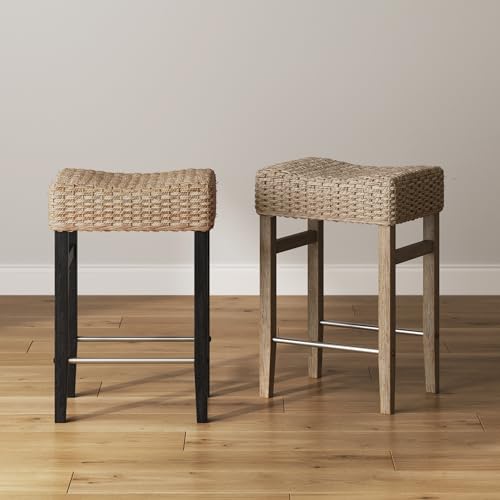Nathan James Bohemian Rattan Bar Stool, Seagrass Seat, Brushed Black Metal, Set of 2