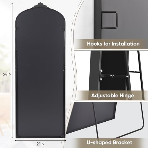 Arched Full Length Mirror, Freestanding Floor Mirror with Carved Metal Frame for Home Decor