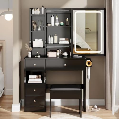 Modern Vanity Desk for Makeup with Lights and Storage, Jet Black