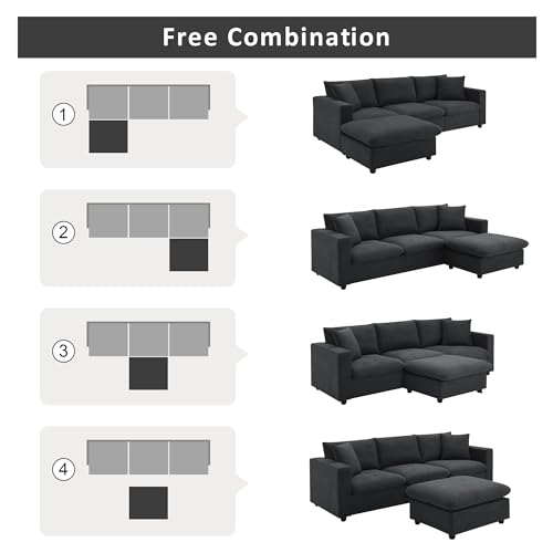 L-Shaped Sectional Sofa Set with 2 Free Pillows, 4-seat Polyester Fabric Couch for Living Room, Bedroom, Apartment, Office, Black