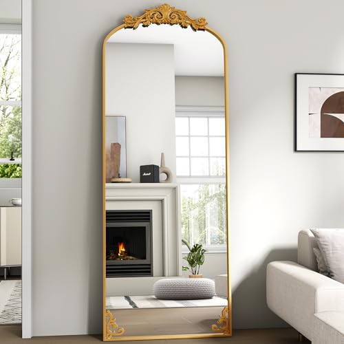 21"x64" Arched Gold Freestanding Mirror with Carved Frame & Art Accents