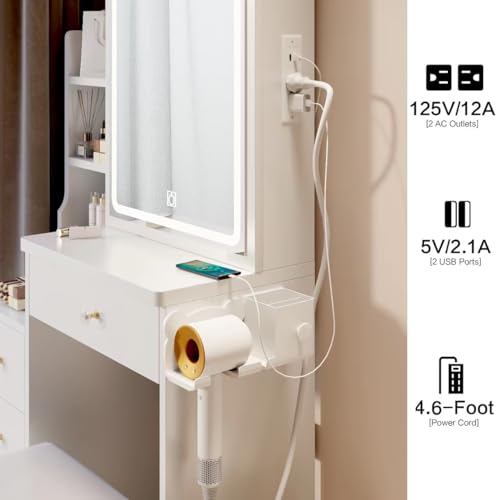 Nic Bex 31.5 Modern Vanity Desk with Sliding Mirror, Lights, and Storage