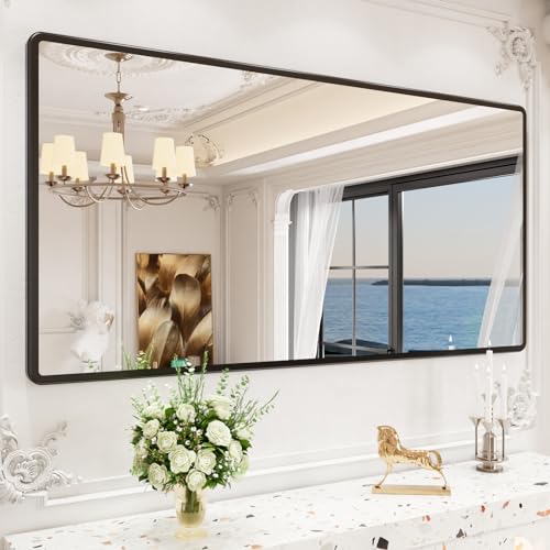 Bathroom Mirror - 60X30 Inch, Black Metal Frame, Tempered Glass, for Washroom, Bedroom, Living Room
