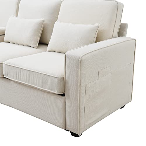Modern Linen Upholstered Sectional Sofa with Console, Cupholders, and USB Ports