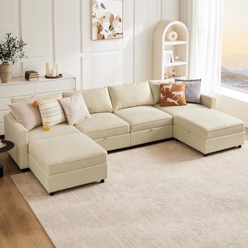 Sweetcrispy Beige U-Shaped 6 Seat Modular Sofa with Storage & Reversible Chaise