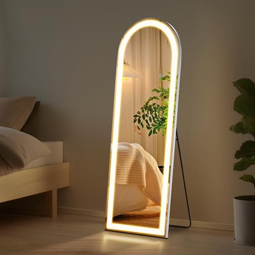 Arched Mirror Full Length with LED Lights, 16"x60", Floor Standing, Aluminum Frame, Dimmable 3-Color Lighting