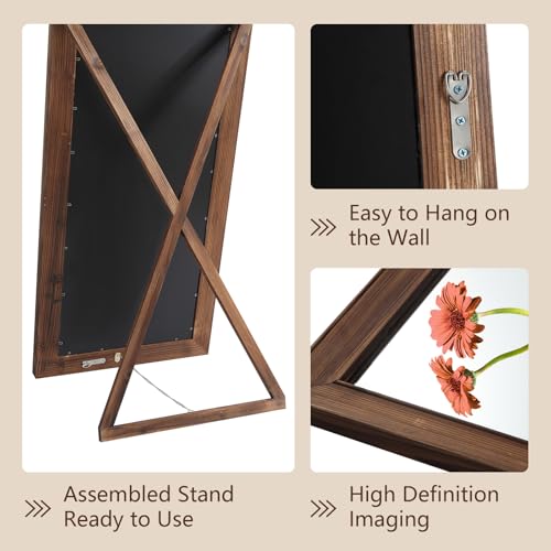 Rustic Wood 64" Full Length Standing Mirror with Stand, Brown, Bedroom & Living Room