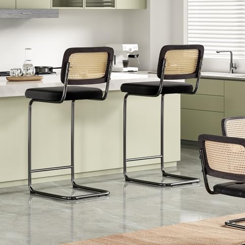 Farini Counter Height Bar Stools Set of 2, Upholstered Velvet Barstools with Rattan Back