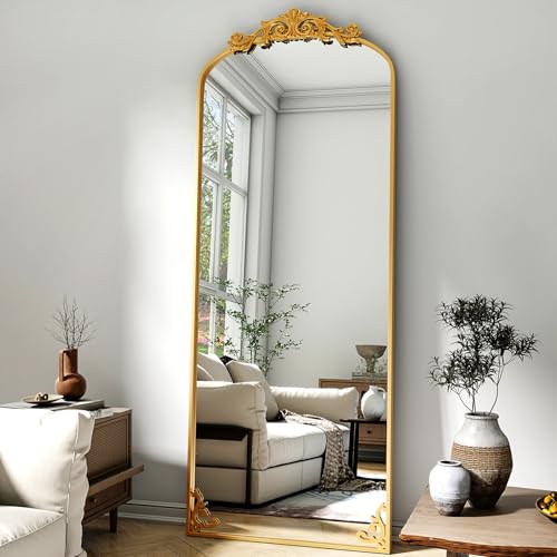 21"x64" Arched Freestanding Gold Mirror with Carved Frame & Art accents