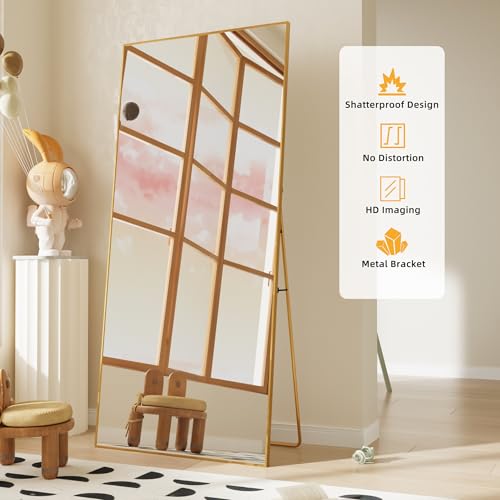 FANYUSHOW Full-Length Aluminum Frame Floor Mirror, Shatter-Proof Glass, Wall-Mountable