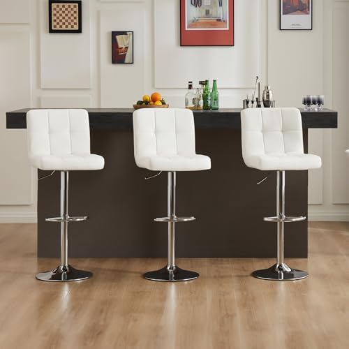 DUMOS Adjustable Swivel Bar Stools, PU Leather, White