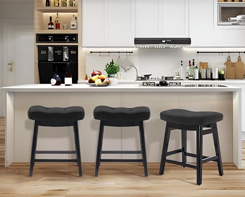 Black Farmhouse Counter Height Bar Stools Set of 3 with Solid Wood Legs