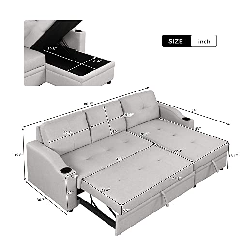 LUCIE BOUTIQUES Sectional Sofa Bed, 3-Seater Convertible Couch with Chaise and Cup Holder, Gray
