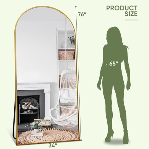76"x34" Arched Full Body Mirror with Stand, Large Aluminum Frame, Gold Finishing