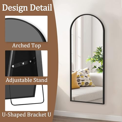 56" Full Length Arch Mirror with Stand, Black, Wall & Floor Standing