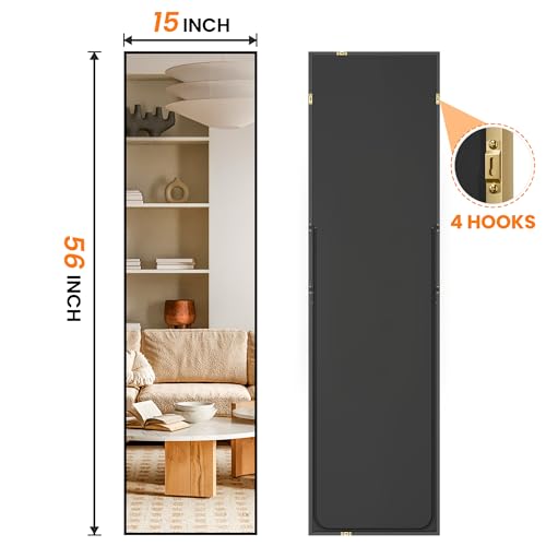 Large 56" Aluminum Standing Mirror, Black, for Bedroom, Living Room, Bathroom