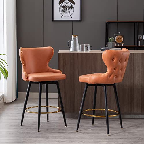 Modern Tufted Bar Chairs with Nailhead Trim Metal Legs, Orange