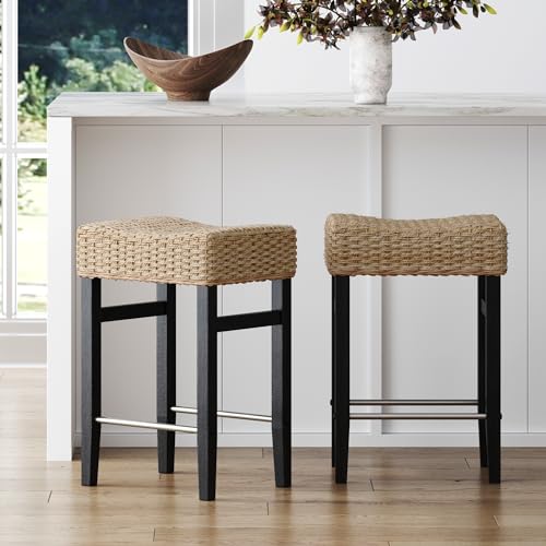 Nathan James Bohemian Rattan Bar Stool, Seagrass Seat, Brushed Black Metal, Set of 2