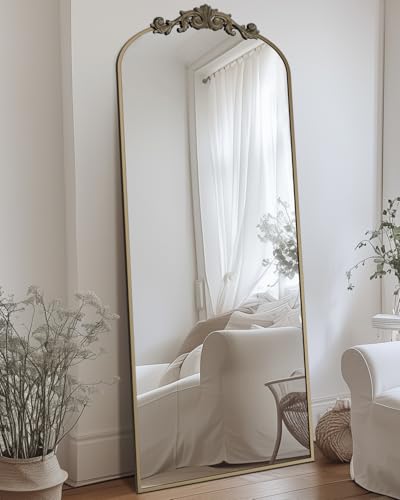 Bronze Carved Arch Full-Length Standing Mirror, 64"x21" for Home Decor