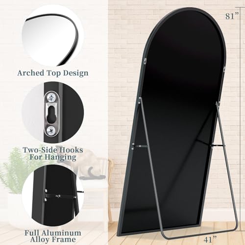 Oversized Black Floor Mirror, 81"x41", Arched Full Body Stand, Bedroom, Living Room