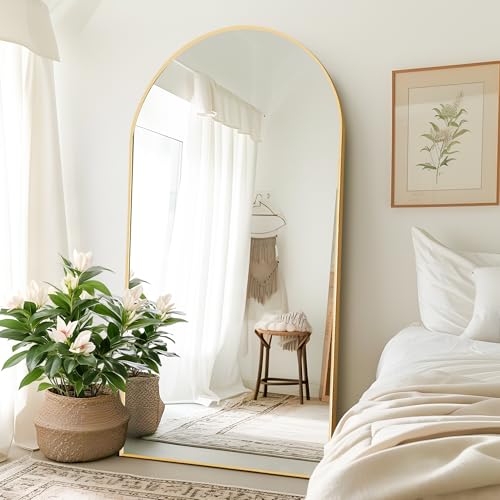 Gold Framed 76x35" Full Length Arch Mirror, Free Standing Aluminum Alloy Frame