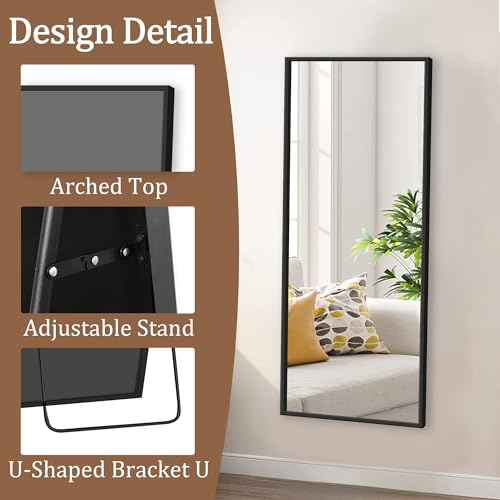 Full Body Mirror with Stand - 56" x 19", Black aluminum frame, Wall/Hanging/L Leaning, Bedroom/Living Room/Dressing Room