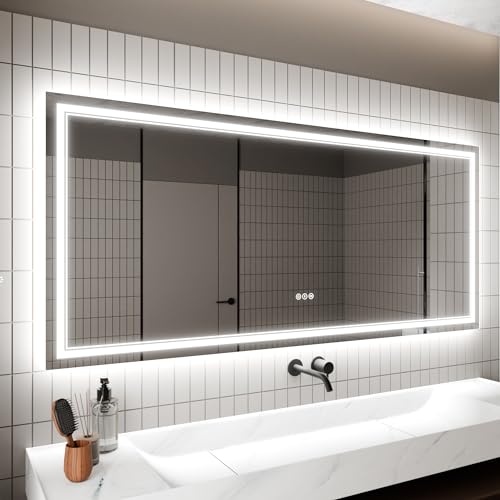 LED Vanity Mirror for Bathroom - 32x 72 Lighted Bathroom Mirror, Wall Mounted with Tempered Glass, Power-Off Memory, Step-Less Dimming, White