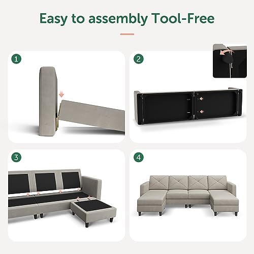 HONBAY U Shaped Convertible Sofa with Double Chaises and Ottomans for Living Room, Velvet Light Grey
