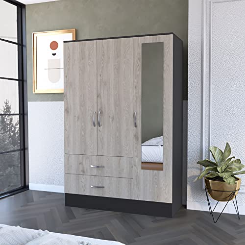 Beige Large Storage Cabinet Wardrobe Closet with 2-Door and Mirror for Bedroom