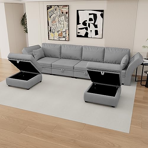 Modular Linen U-Shaped Sectional Sofa with Reversible Chaise for Living Room, Bedroom, Apartment - Gray