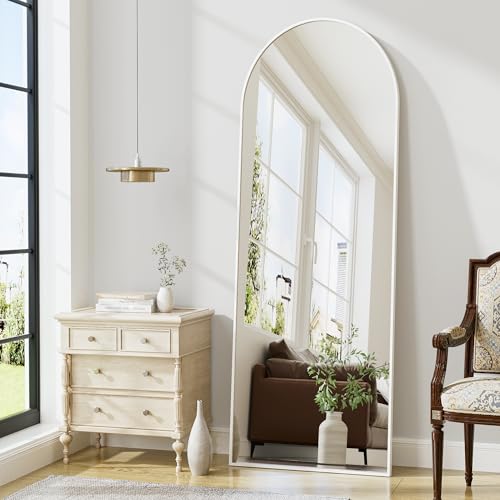 Arch-Top Floor Mirror with Aluminum Frame for Bedroom (White)