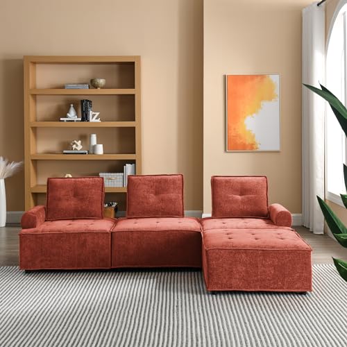 Chenille Modern L-Shaped Sectional Sofa for Living Room, Bedroom, Apartment, Red