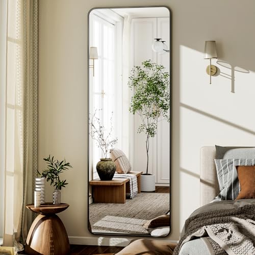 66" x 23" Full Length Round Corner Floor Mirror, Matte Aluminum Frame, Black Stand, Perfect for Bedroom or Living Room