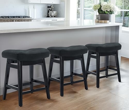 Black Farmhouse Counter Height Bar Stools Set of 3 with Solid Wood Legs