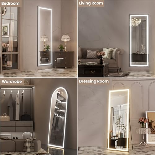Full Length LED Mirror with Lights, Black Frame, Dimmable & 3 Color Modes, Standing or Wall Mounted