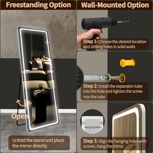 56" Floor Mirror with LED Light & Dimming for Living Room, Bedroom, Cloakroom