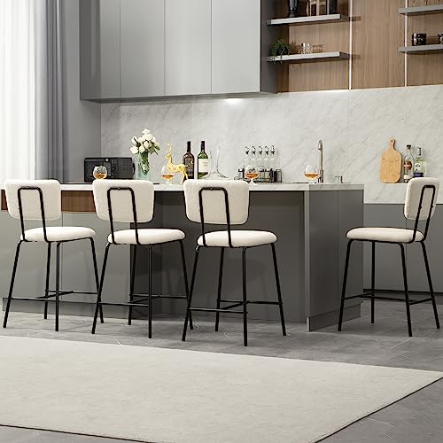 Modern White Boucle Fabric Bar Stool Set - 4 Pack for Kitchen Island Counter Height