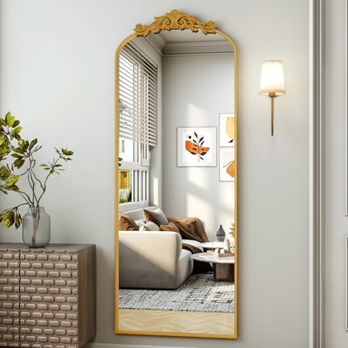 21"x64" Arched Freestanding Mirror with Carved Metal Frame, Black Home Decor