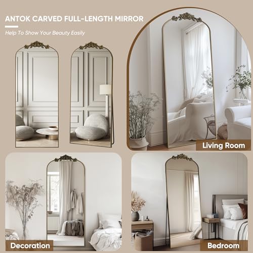 Bronze Carved Arch Full-Length Standing Mirror, 64"x21" for Home Decor