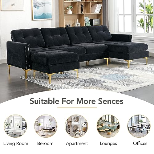 Modern L-Shaped Convertible Sectional Sofa Set with Movable Ottoman for Living Room, Bedroom, Apartment, Black